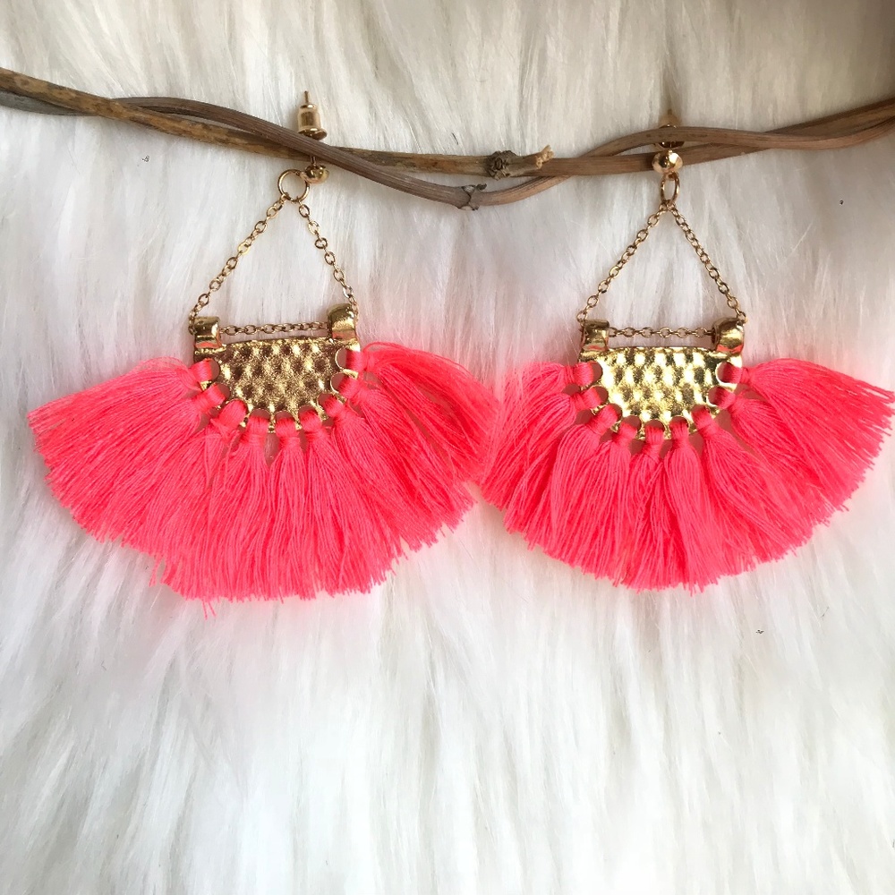 Boho fan-shaped tassel fringe statement earrings